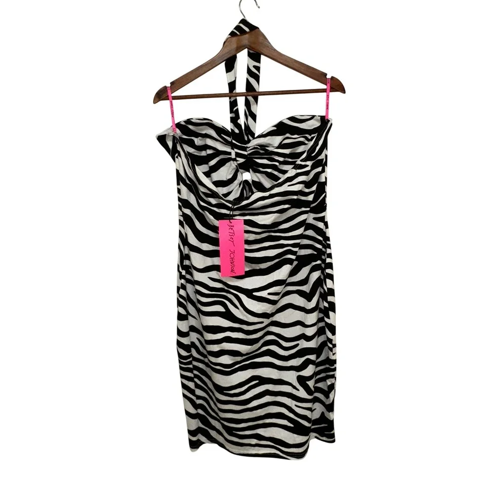 Betsey Johnson Izzy Halter Dress Womens XXL Sonic White Black Zebra NWT $99 - Picture 3 of 9